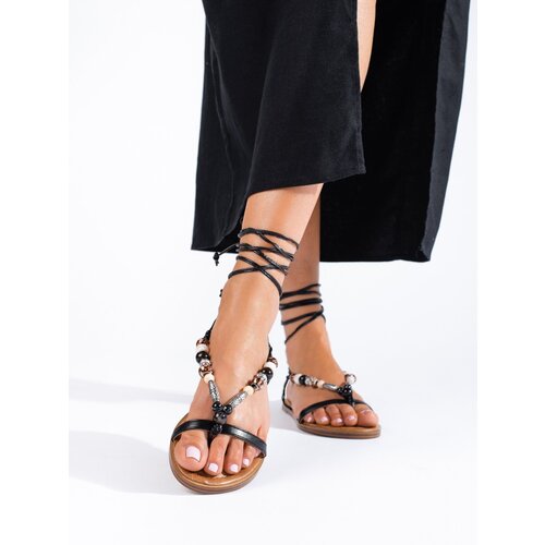 SHELOVET Black tied boho sandals with beads Slike
