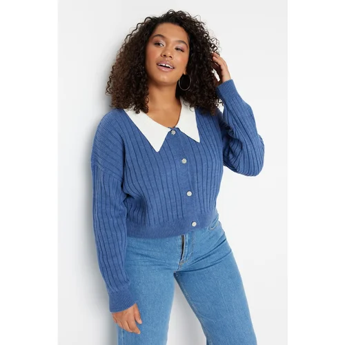 Trendyol Curve Indigo Ribbed Collar Detailed Buttoned Knitwear Cardigan