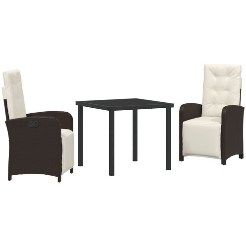 VidaXL set od 3 dijela za objedovanje u vrtu s jastučićima smeđi poli ratan, vrtni stol crni 80x80x73 cm staklo otporno na toplinu Slike