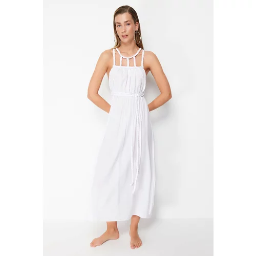 Trendyol White Belted Woven Tied 100% Cotton Beach Dress