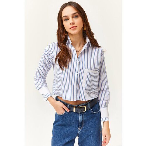 Olalook Women's White Saxe Blue Pocket and Cuff Detail Striped Crop Shirt Slike
