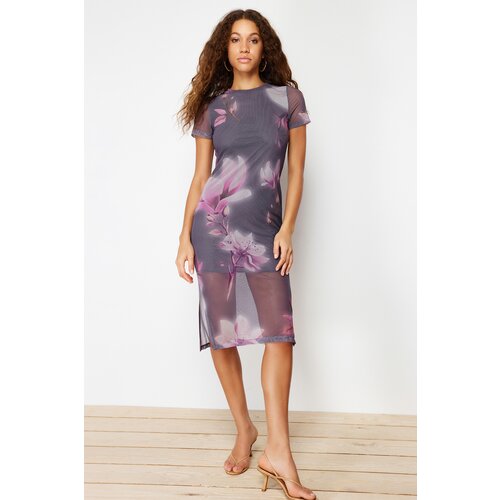 Trendyol Gray Floral Printed Midi Crew Neck Short Sleeve Flexible Knitted Midi Dress Slike