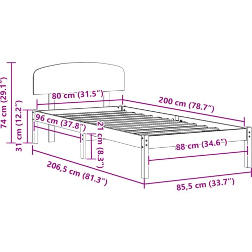  Krevetni okvir s uzglavljem tamno smeđe boje 80x200 cm od punog drveta bora Slike