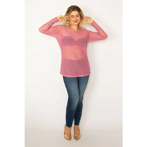 Şans Women's Plus Size Pink Patterned Tulle Blouse