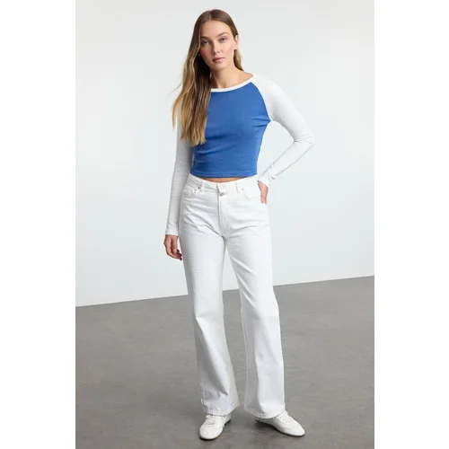 Trendyol Indigo Raglan Sleeve Rib Fitted Crop Knit T-Shirt