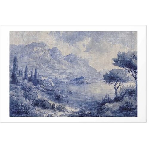  Plakat - Blue Bay - Italian Landscape of Lake Como Painted in Blue Ink 42x29.7 Bez okvira s margom Slike