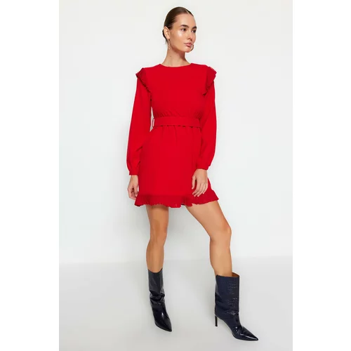 Trendyol Red Woven Dress with Frills with Belt