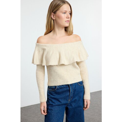 Trendyol Ecru Soft Texture Carmen Collar Knitwear Sweater Slike