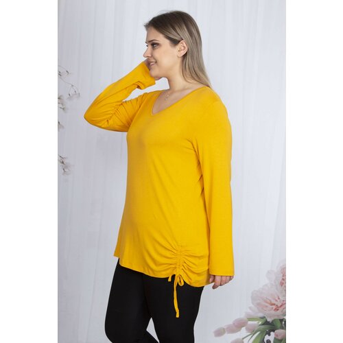 Şans women's plus size yellow v-neck side gathered blouse Slike