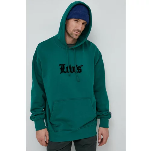 Levi's Bombažen pulover moška, zelena barva, s kapuco