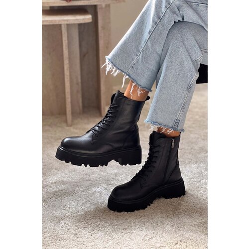 NİŞANTAŞI SHOES Juniper Black Genuine Leather Heeled Lace Up Women&amp;#039;s Boots Slike