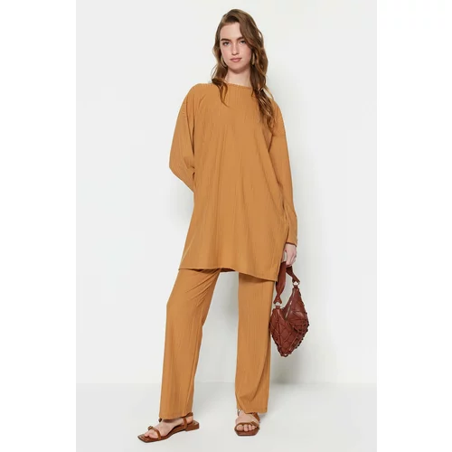 Trendyol Camel Pleated Tunic-Pants Knitted Set