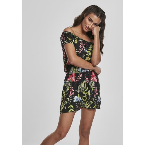 Urban Classics Ladies AOP Off Shoulder Short Jumpsuit Black Flower Slike
