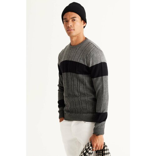 AC&Co / Altınyıldız Classics Men's Grey-anthracite Standard Fit Normal Cut Crew Neck Colorblok Patterned Knitwear Sweater. Cene