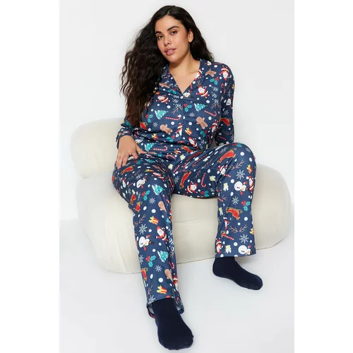 Trendyol Curve Navy Blue Christmas Themed Knitted Pajamas Set
