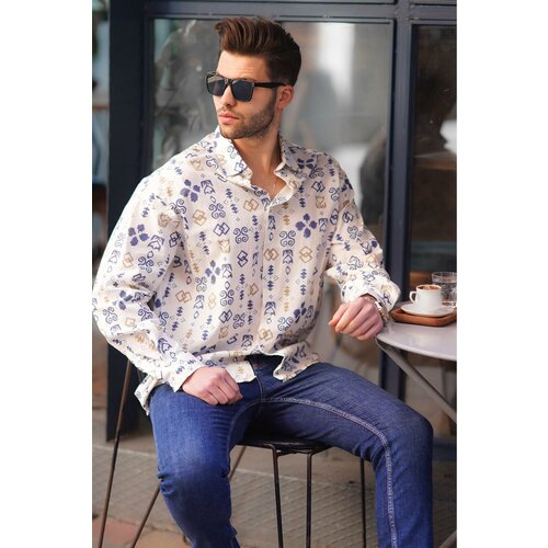 Madmext Men's Navy Blue Patterned Long Sleeve Oversize Shirt 6731 Slike