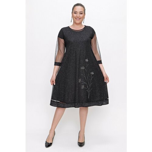By Saygı Stone Embroidered Tulle Glittery Plus Size Lycra Dress Black Cene