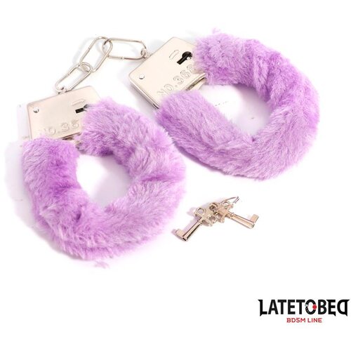 LateToBed BDSM Line Lisice metalne obložene lila pli&amp;scaron;em Slike