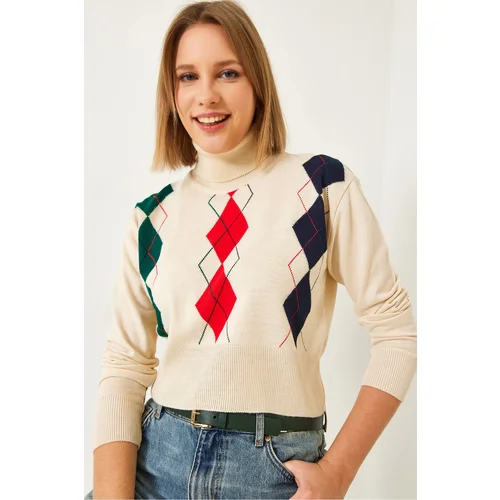 Bianco Lucci Women's Turtleneck Patterned Knitwear Sweater