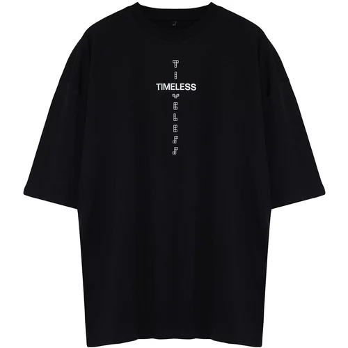 Trendyol Large Size Men's Black Oversize Comfortable Printed 100% Cotton T-Shirt
