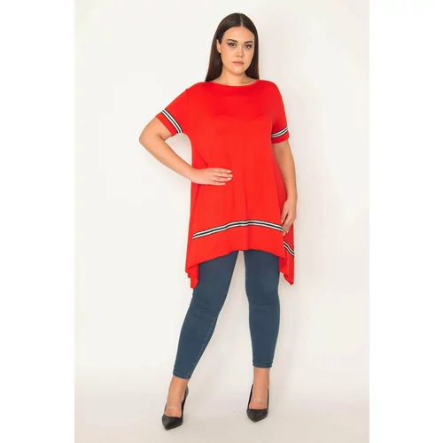 Şans Women's Plus Size Red Stripe Detailed Asymmetric Tunic