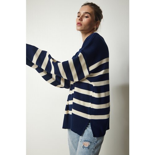 Happiness İstanbul Women's Navy Blue Bone Striped Oversize Knitwear Sweater Slike