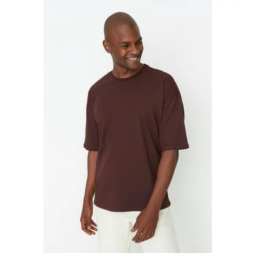 Trendyol Brown Men's Basic 100% Cotton Crew Neck Oversized Short Sleeved T-Shirt