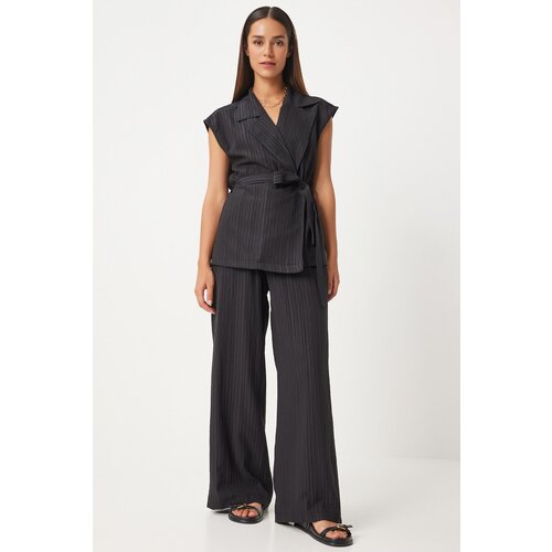 Happiness İstanbul Women's Black Belted Vest Palazzo Knitted Suite Slike