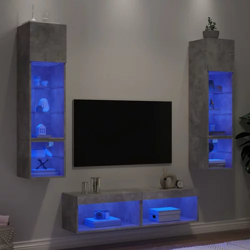  6-dijelni zidni TV elementi s LED svjetlima boja betona drveni