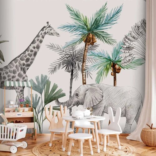  Foto tapeta - Jungle Animals Wallpaper for Children\'s Room in Cartoon Style 343x256 Samoljepljiva Cene