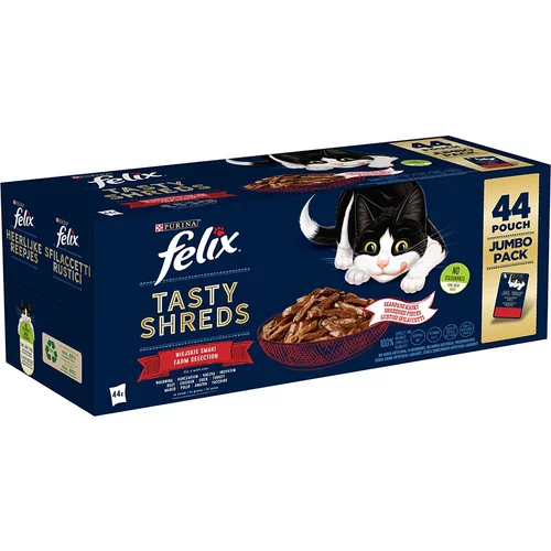 Felix "Tasty Shreds" vrečke 44 x 80 g - Okusna raznolikost z dežele (govedina, piščanec, raca in puran)