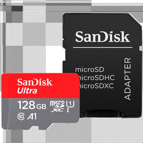 San Disk ultra microsdxc 128GB + sd adapter 140MBs A1 class 10 uhs-i SDSQUAB-128G-GN6MA Slike