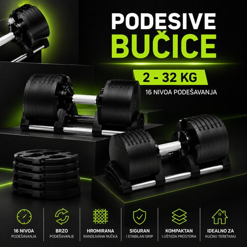  Podesive bučice - 2 x 32 kg | Premium podesivi teg od 2 do 32 kg Cene