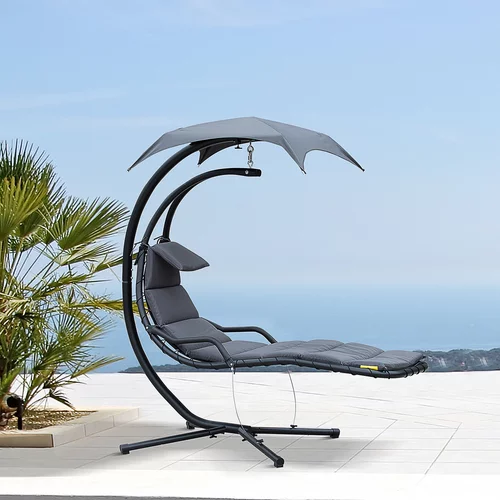 Outsunny Vrtni viseči fotelj z baldahinom z UV-zaščito, oblazinjen zunanji viseči gugalnik, temno siva 190x115x190cm, (20754021)