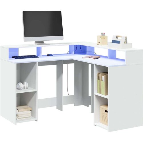  Radni stol s LED svjetlima bijeli 130 x 130 x 91 cm drveni Cijene