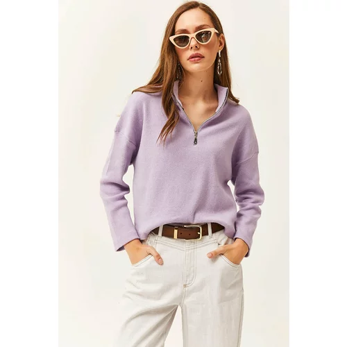 Olalook Women's Lilac Zipper High Neck Raised Sweater