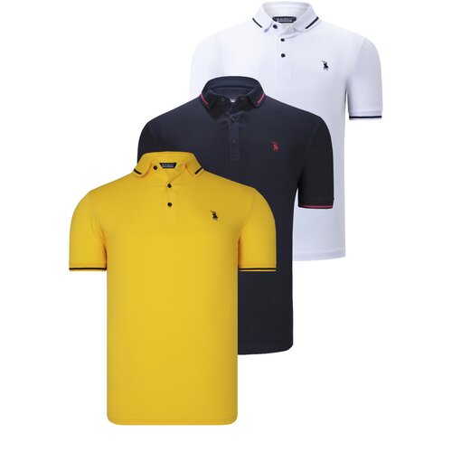 Dewberry TRIPLE SET T8586 MEN'S T-SHIRT-NAVY-WHITE-YELLOW Cene