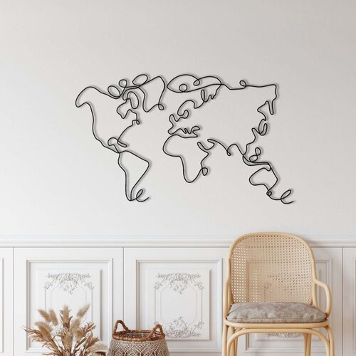 Wallxpert metalni zidni ukras 5316, linijska mapa sveta, 100 x 60 cm, crni Cene