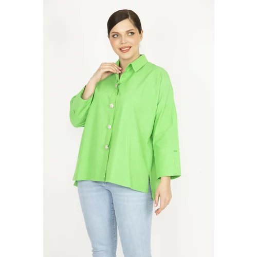 Şans Women's Green Plus Size Stone Buttoned Side Slit Shirt