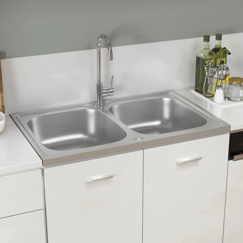 VidaXL Dvojno kuhinjsko pomivalno korito srebrno 800x500x155 mm Slike