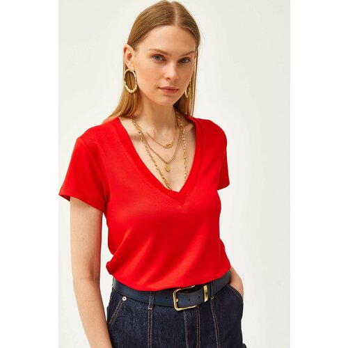 Olalook Women's Red Deep V-Neck Modal Button T-Shirt Cene