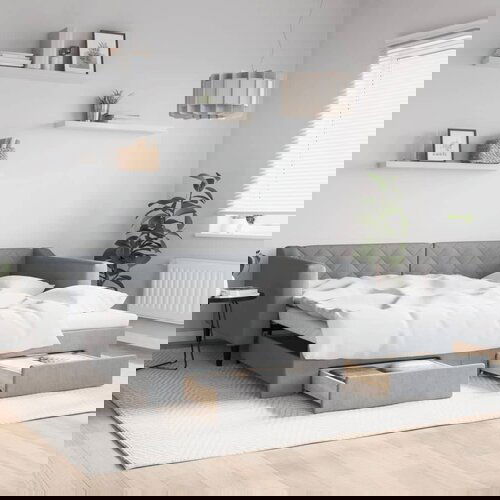 VidaXL Izvlečna dnevna postelja s predali svetlo siva 100x200 cm blago Slike