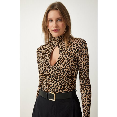  Women&amp;#039;s Beige Cut Out Detailed Patterned Knitted Blouse Slike