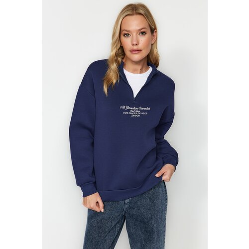 Trendyol Navy Blue Thick Fleece Inside, Zipper Stand-Up Collar Oversized/Wide Knitted Sweatshirt Cene
