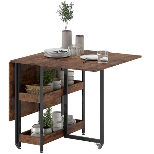 Nesta Zložljiva jedilna miza, rustikalno rjava, za 2&ndash;4 osebe, z 2 odprtima policama, premična kuhinjska miza za manj&scaron;e prostore, 133,4&times;80&times;75 cm, (5000493606) Cene