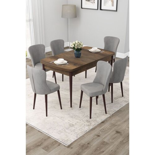 Hanah home trpezarijski set Due, sto na razvlačenje i 6 stolica, ploča u dekoru drveta Baroque, siva tkanina Babyface Cene