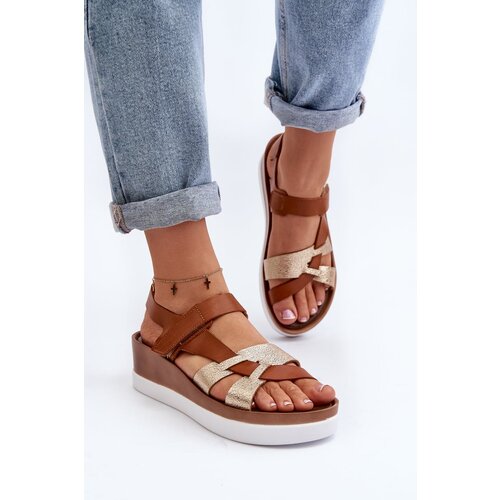 Kesi Zazoo women's leather platform sandals, brown Cene