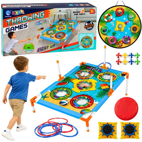  4-in-1 Target Throwing Skill Game with a Board, Bags, Hoops, Frisbee Cene