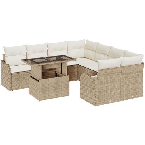 VidaXL 9-dijelni set vrtne sofe s jastučićima bež poli ratan, 2-sjedna vrtna sofa s jastučićima bež poli ratan Slike