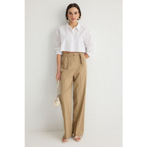 Trendyol Beige Straight/Straight Cut Belt Detail Woven Trousers Slike